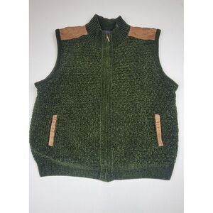 Alan Flusser Sweater Vest Mens 2XL. Acrylic Shoulder Patches Knit Green Full-Zip